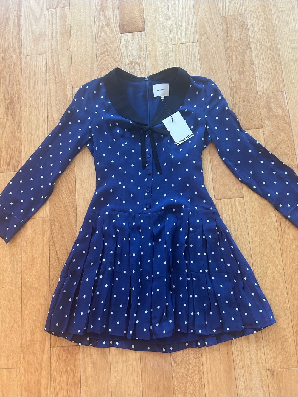 Reformation Navy Polka Dot Long-Sleeve Mini Dress